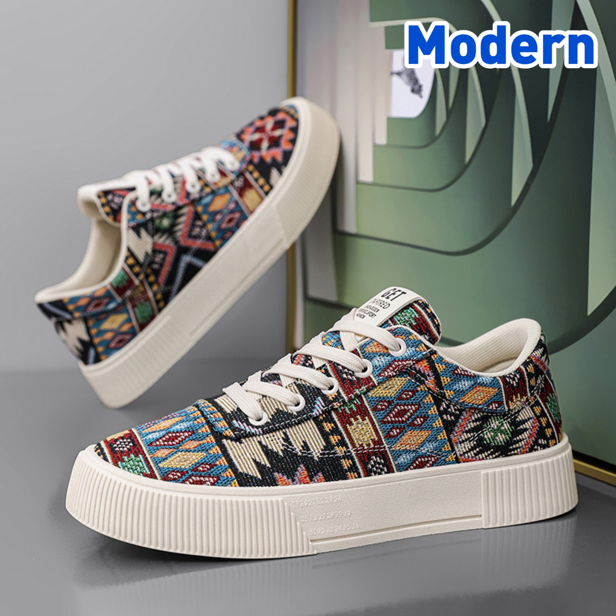 أحذية التزلج العصرية للرجال - نمط هندسي حيوي، نعل مطاطي مريح غير قابل للانزلاق، جزء علوي من القماش المسامي، أحذية رياضية عادية برباط للارتداء اليومي والأنشطة الخارجية، أحذية التزلج، الأحذية الخارجية، الأحذية الرياضية الحديثة، الأحذية المتينة