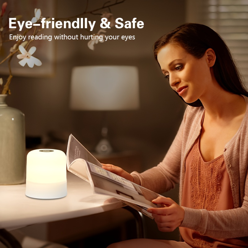 مصباح ليلي لمس RGB - مصباح قراءة LED قابل للتعتيم مع أوضاع تغيير الألوان، قابل للشحن عبر USB، مصباح طاولة جانبية لغرفة النوم، بطارية 800 مللي أمبير، قاعدة وظل أبيض، إضاءة خزانة جانبية، مصابيح غرفة النوم للطاولة الجانبية، إضاءة مزاجية، تصميم بسيط، بناء خفيف الوزن، بلاستيك متين، أساسيات غرفة النوم، لمحبي ديكور المنزل