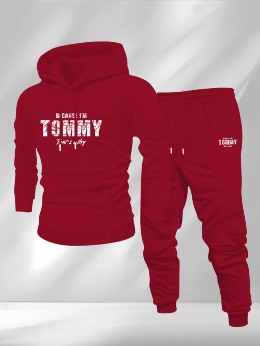 ⁦طقم رجالي مريح من الصوف المخملية - "Tommy" مطبوع عليه، كم طويل، رباط، نمط كاجوال، نقش هندسي، قصة عادية، مثالي للخريف/الشتاء، ملابس كاجوال | سويت شيرت بغطاء للرأس | قماش صوفي، Tommy Fleece، بدلة/ملابس رجالية، فستان رياضي رجالي، طقم فستان رياضي للرجال⁩ - الصورة ⁦8⁩