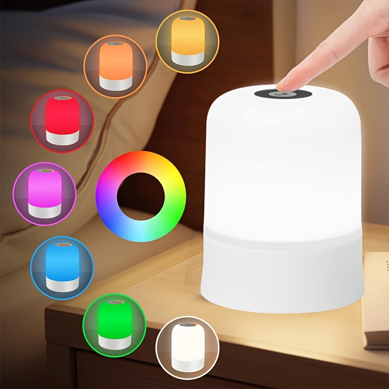 مصباح ليلي لمس RGB - مصباح قراءة LED قابل للتعتيم مع أوضاع تغيير الألوان، قابل للشحن عبر USB، مصباح طاولة جانبية لغرفة النوم، بطارية 800 مللي أمبير، قاعدة وظل أبيض، إضاءة خزانة جانبية، مصابيح غرفة النوم للطاولة الجانبية، إضاءة مزاجية، تصميم بسيط، بناء خفيف الوزن، بلاستيك متين، أساسيات غرفة النوم، لمحبي ديكور المنزل