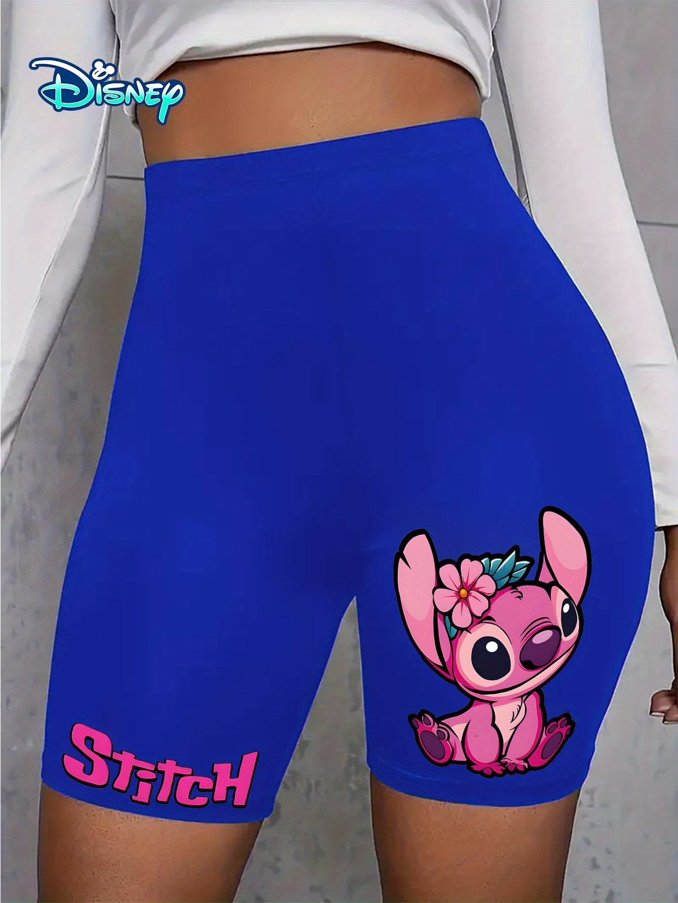 شورت نسائي مطرز بطبعة كرتونية من ستيتش وليلو - شورت صيفي عالي الخصر قابل للتمدد وجيد التهوية، برتقالي مضيء مع تفاصيل وردية، مثالي للأنشطة الخارجية والعطلات، شورت