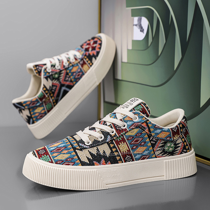 أحذية التزلج العصرية للرجال - نمط هندسي حيوي، نعل مطاطي مريح غير قابل للانزلاق، جزء علوي من القماش المسامي، أحذية رياضية عادية برباط للارتداء اليومي والأنشطة الخارجية، أحذية التزلج، الأحذية الخارجية، الأحذية الرياضية الحديثة، الأحذية المتينة