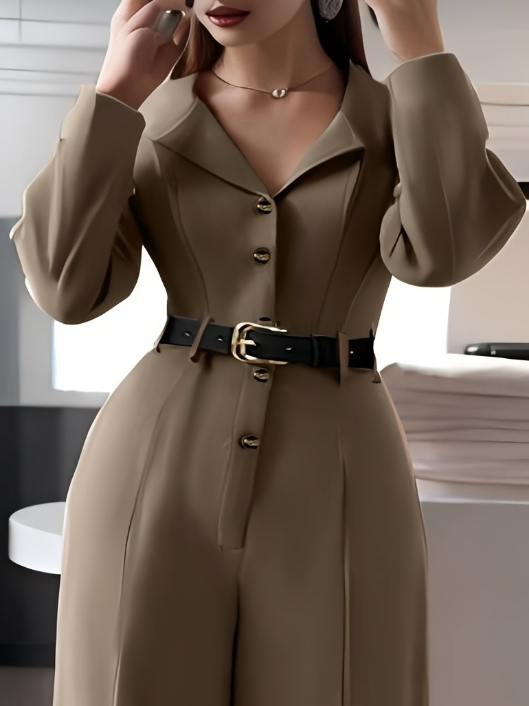 بذلة نصف مفتوحة من الأمام بأزرار، بنطلون طويل أنيق وعملي بحزام للعمل والعطلات في الخريف/الشتاء, زي المكتب,خزانة الملابس الشتوية,بدلة أنيقة,بنطلون أنيق,مقاس مخصص,قماش غير مطاطي,بذلة بحزام,بذلة طويلة,عشاق الموضة,النساء المحترفات