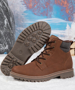 أحذية شتوية قصيرة للرجال مع نعل مطاطي مضاد للانزلاق - أحذية ثلجية بإغلاق سحاب لقبضة الجليد، جزء علوي من البولي يوريثان البني (أحذية كاحل دافئة) - مقاس نصف صغير - مثالية للتزلج والأنشطة الخارجية