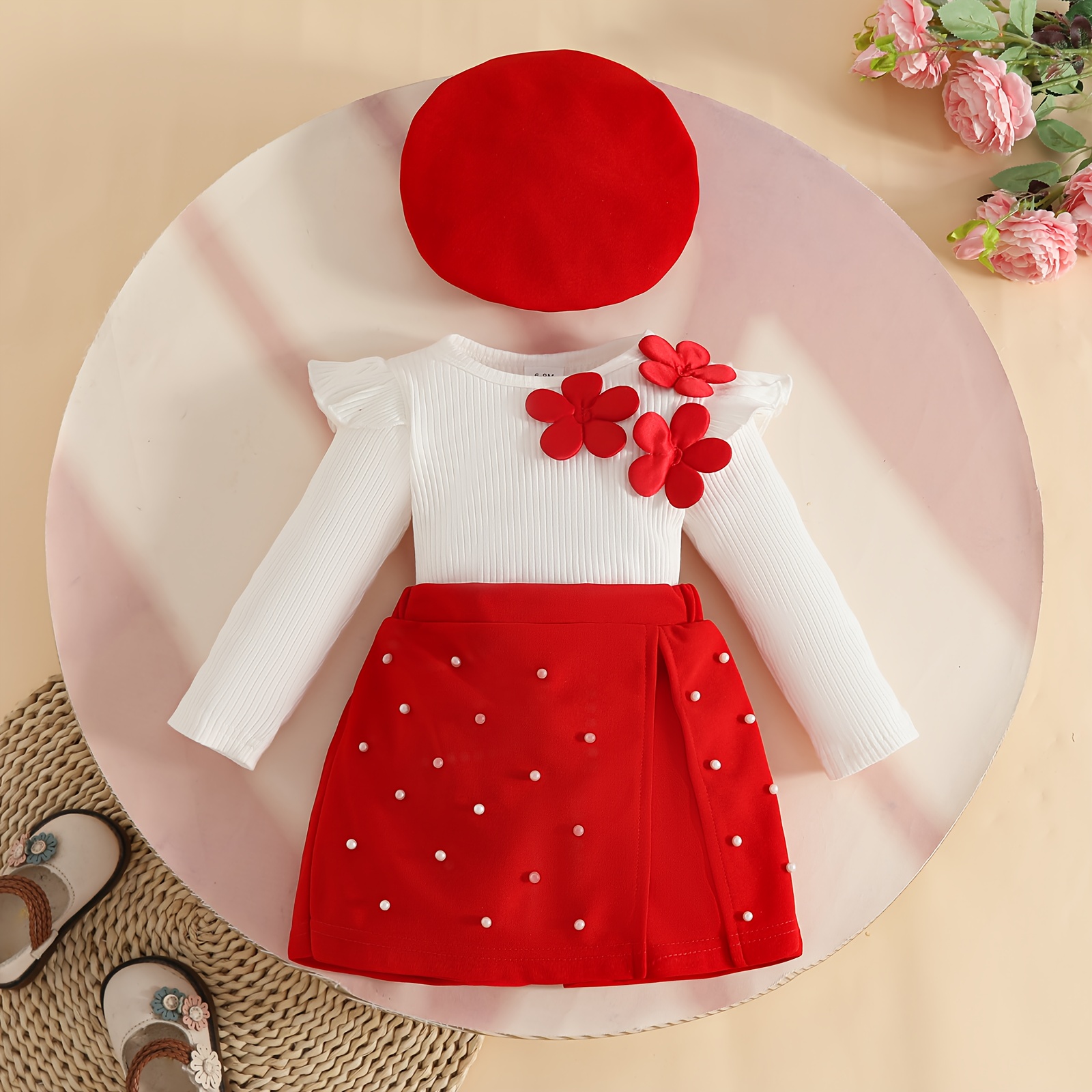 1 قطعة فستان بناتي 0-3 أشهر بكم ناعم وردي مكشكش ومجموعة بلايز كم مكشك مع تنورة وطاقية برتقية - تنورة تول متعددة الطبقات، إغلاق بالضغط، وسحاب خصر، علوّ قصير الأكمام، فستان وردي اللون بالكامل مع رفرف أبيض، زي شتاء دافئ للمظهر اليومي، يُنظَف يدويًا حتى عمر 3 سنوات (بدون/ سراويل منفصلة)