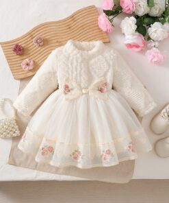 فستان شتوي للبنات مع تطريات زهور وتفاصيل قوس - تنورة تولية مبطنة بالفليس الناعم، أكمام طويلة وياقة مستديرة لفصل الخريف/الشتاء، ملابس خاصة للمناسبات، ملابس دافئة ومريحة، ملابس أطفال أنيقة، ملابس أطفال متينة