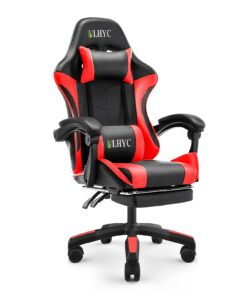 كرسي ألعاب ULHYC المريح مع مسند قدم قابل للسحب - كرسي مكتب من الجلد الصناعي المتين، دوران 360° وقابل لضبط الارتفاع، تحكم في الإمالة، إطار، وسادة سميكة - كرسي مكتب أسود/أحمر للمنزل، الكمبيوتر، وإعدادات ألعاب الكمبيوتر
