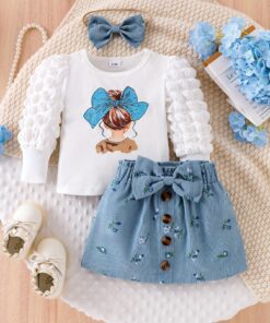 طقم بناتي مكون من 3 قطع: تي شيرت بأكمام طويلة وطبعة زهور وتنورة مع فيونكة - قماش ناعم ومطاطي، زر أمامي، حافة مكشكشة، مثالي للربيع/الخريف، ملابس لعب كاجوال، للخروج