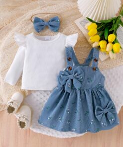 فتيات 3 قطع تي شيرت طويل الأكمام بأكمام فراشة بلون سادة وفستان كاميزول مزين بزهور مع ربطة كبيرة، يشمل طقم عصابة رأس لفصلي الربيع/الخريف، مثالي للخروج, ملابس اللعب الخارجية,قماش ناعم,ملابس خفيفة الوزن