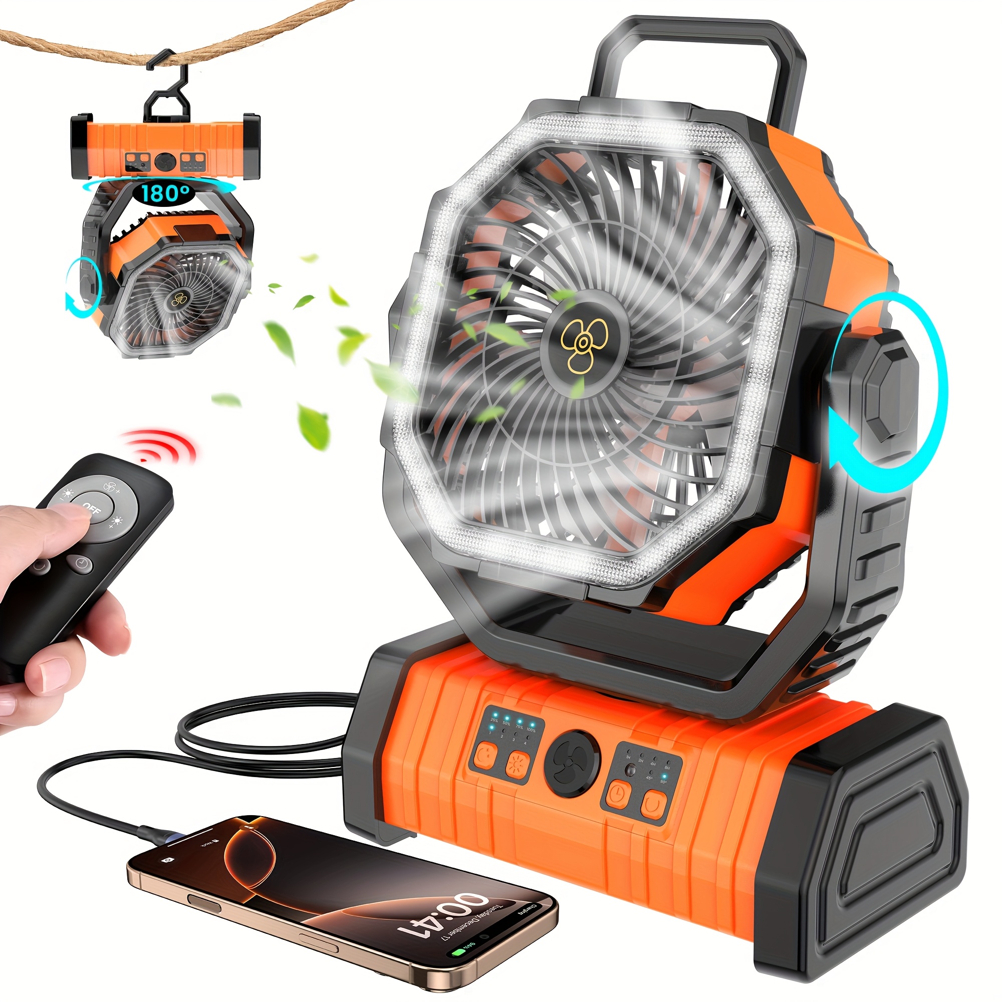 مروحة التخييم المحمولة USB قابلة لإعادة الشحن مع جهاز تحكم عن بعد، رأس دوار 360 درجة، سعة كبيرة، عمر بطارية طويل، إضاءة LED، وشحن الهاتف للاستخدام المنزلي والخارجي، مروحة محمولة قابلة لإعادة الشحن