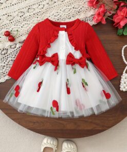 فستان طفلة حديث الولادة مناسب للمعموديات والأعراس - أكمام طويلة بتصميم زهر الكرز مع شبكة وسترة فوقية، فستان شتوي للتصوير، قابل للغسل يدويًا (زي طفلة حديثة الولادة)