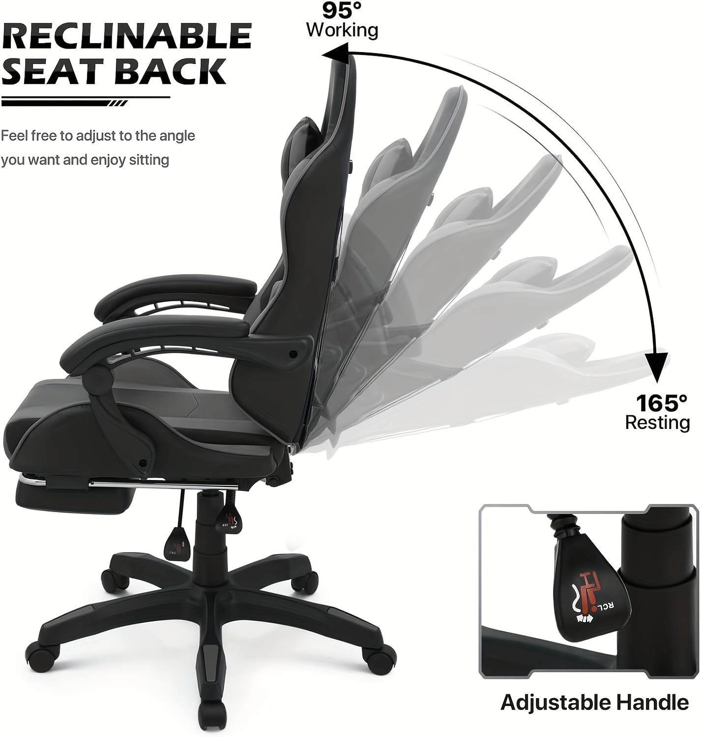 كرسي ألعاب مع مساج، كرسي كمبيوتر عالي الظهر، كرسي إسبرتس مريح بتعديل زاوية وارتفاع كبير، وسادة رقبة ودعم للخصر والساقين 122x64x64 سم رمادي