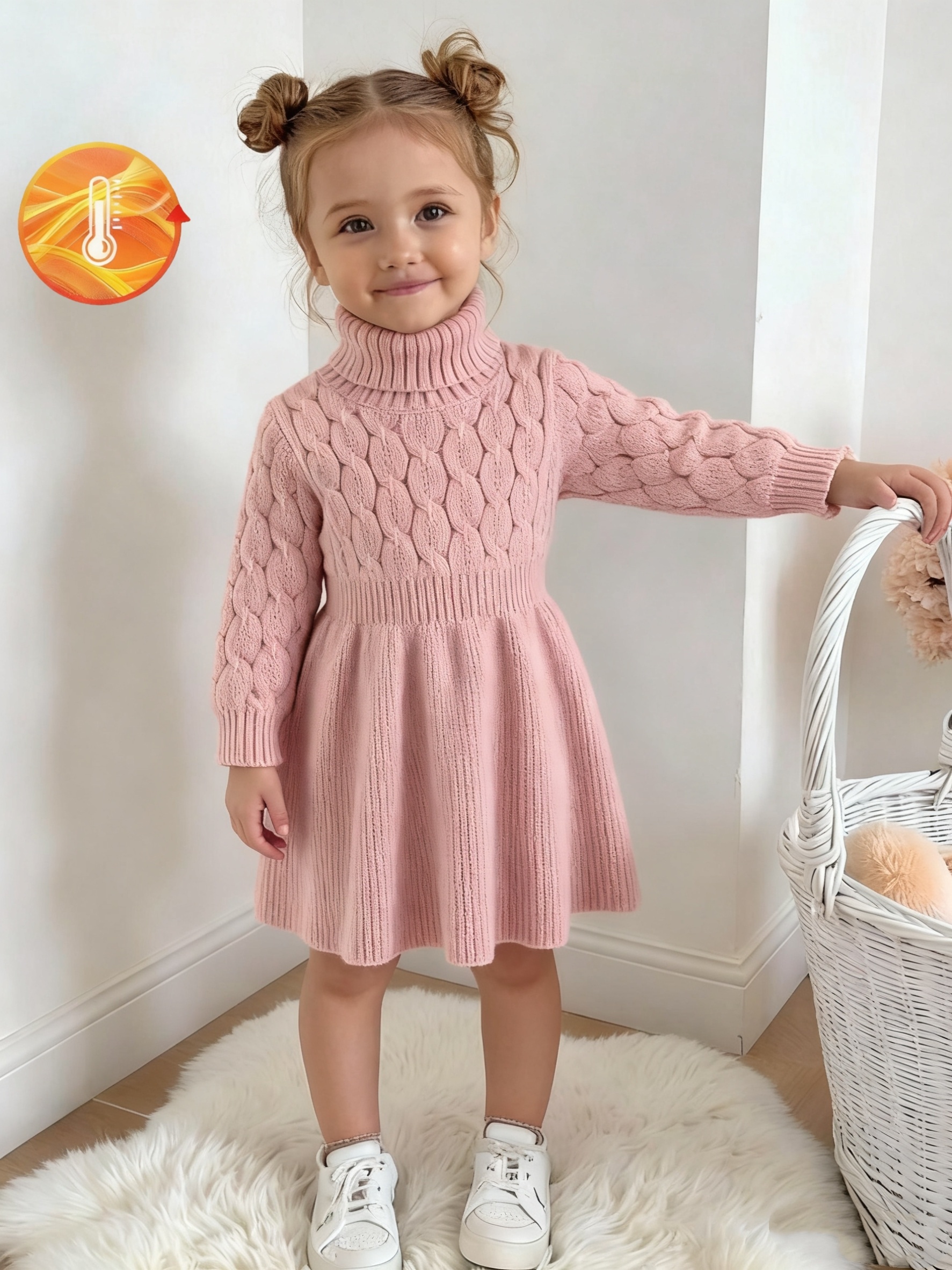 فستان بولو عالي الرقبة للبنات من عمر 2-7 سنوات، قماش محبوك ناعم للارتداء الداخلي/الخارجي، خريف/شتاء. مثالي لعيد الفصح، الكريسماس، والارتداء اليومي، أكمام منفوخة وكشكشة جذابة، قماش محبوك مريح، فستان طويل بأكمام منفوخة وخصر مشدود بتصميم جاكار مربع الرقبة، أسلوب خريف/شتاء، رقبة مستديرة حيوية وأنيقة مع