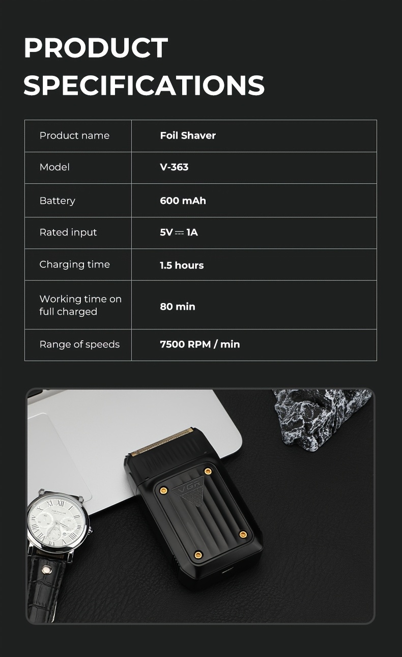 ماكينة حلاقة الفولاذ المعدني الكهربائية اللاسلكية الاحترافية VGR V-363 للرجال - ماكينة حلاقة محمولة قابلة لإعادة الشحن عبر USB مع نظام 3 شفرات، تصميم مريح وبطارية ليثيوم، هدية عيد الحب له، أداة العناية الذكورية، أداة العناية الأنيقة، هيكل متين، ماكي