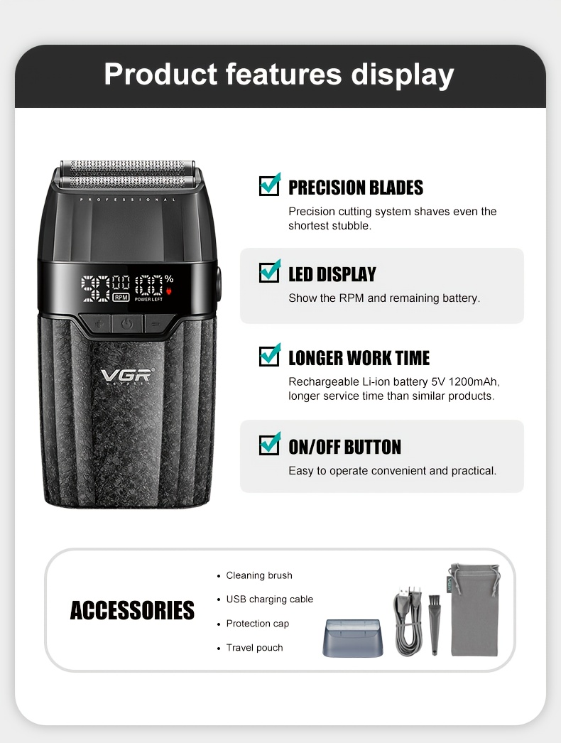 ماكينة حلاقة كهربائية احترافية للرجال، ماكينة حلاقة لاسلكية بتقنية الارتداد مع شفرات مزدوجة، قابلة لإعادة الشحن عبر USB وشاشة LED، ماكينة تجميل متعددة الوظائف، مناسبة للمنزل والسفر، ماركة VGR، بطارية ليثيوم، شحن USB، بطارية مدمجة، مع مشط محدود، للعناية الشخصية، استخدام المنزل والسفر، إكسسوارات الحلاقة، تصميم أنيق، بناء متين، العناية الشخصية، تصميم مضغوط، شفرات عالية الجودة، أداة العناية للرجال، إكسسوار العناية للرجال، العناية الشخصية للرجال