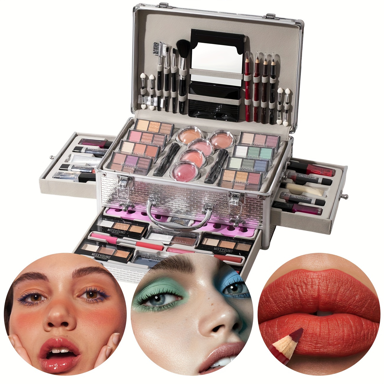 مجموعة مكياج متعددة الوظائف فضية - 48 لون ظلال عيون، 5 ألوان بلاشر، 3 ألوان هايلايتر، 6 ألوان جلوس شفاه صلب، 4 ألوان أحمر شفاه والمزيد | مجموعة مكياج طويلة الأمد مع فرش ومرآة | مفاجأة مثالية للفتيات | أفضل هدية عيد ميلاد أو حفلة عطلة, مجموعة الجمال الكاملة,تطبيق سلس,ظلال قابلة للدمج,بلاشر كومباكت