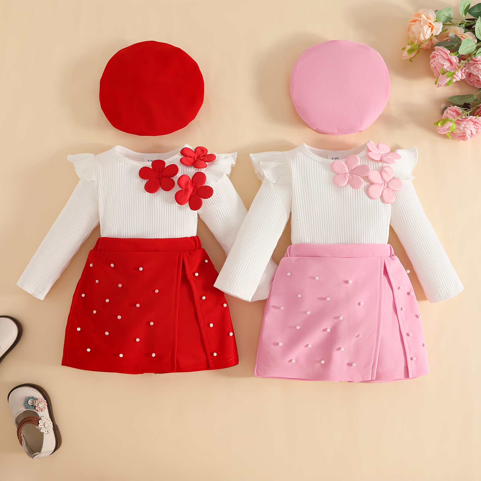 1 قطعة فستان بناتي 0-3 أشهر بكم ناعم وردي مكشكش ومجموعة بلايز كم مكشك مع تنورة وطاقية برتقية - تنورة تول متعددة الطبقات، إغلاق بالضغط، وسحاب خصر، علوّ قصير الأكمام، فستان وردي اللون بالكامل مع رفرف أبيض، زي شتاء دافئ للمظهر اليومي، يُنظَف يدويًا حتى عمر 3 سنوات (بدون/ سراويل منفصلة)