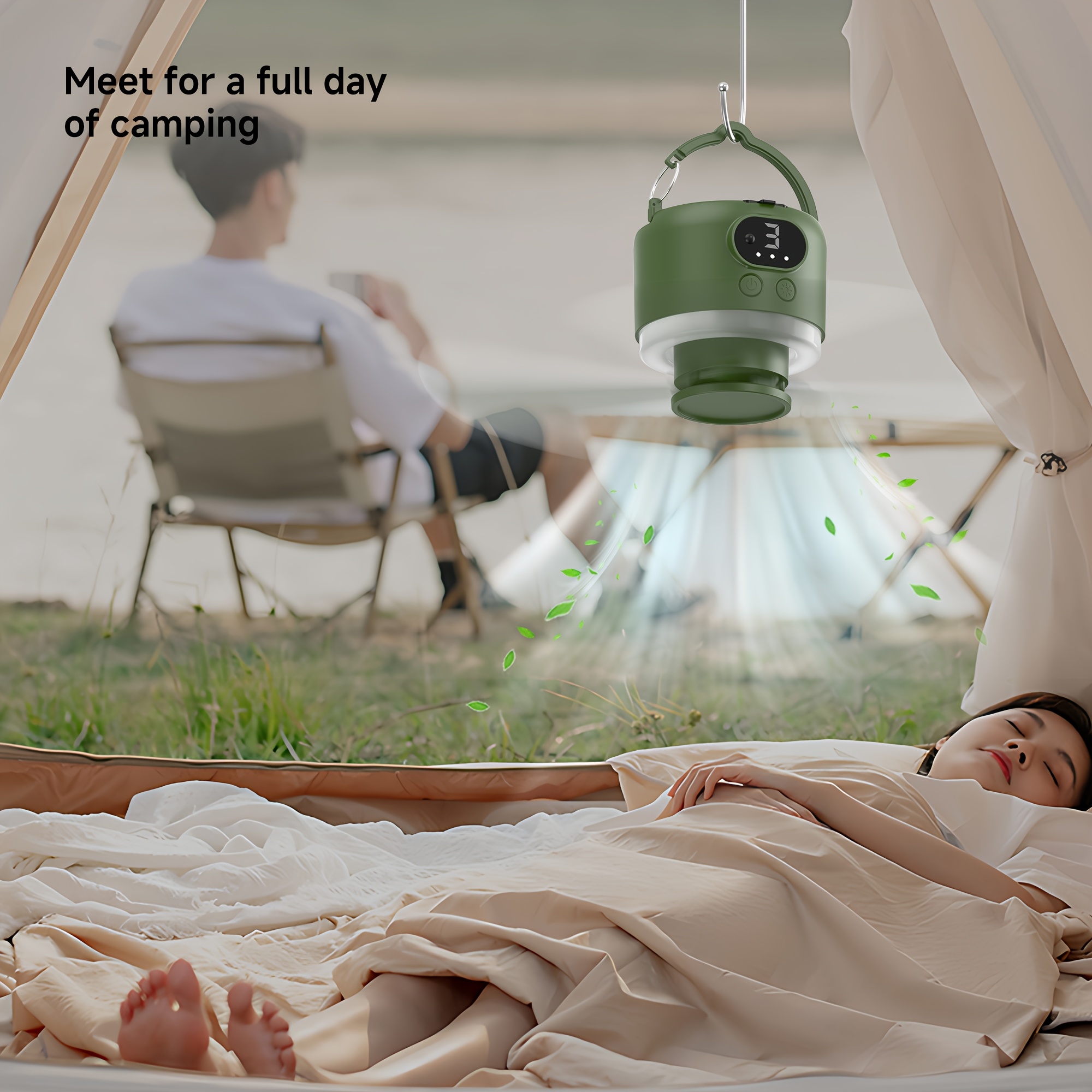 مروحة USB محمولة للاستخدام المنزلي، مروحة تخييم خارجية، مروحة سقف خيمة ذات سعة كبيرة، بطارية تدوم طويلاً، مروحة تخييم بإضاءة قابلة لإعادة الشحن، مروحة صغيرة معلقة محمولة للاستخدام في حالات الطوارئ، مروحة محمولة، مروحة تخييم