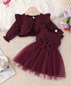 2-Pack طفلة صغيرة أوروبية وأمريكية مكشكشة معطف سترة توب + فستان بفيونكة على الخصر نمط ربيعي خريفي شتوي طفلة صغيرة ملابس أطفال لطيفة بنقشة زهور ملابس خارجية مع فستان شبكي هدية عيد الميلاد الأول لحديثي الولادة فستان أميرة مريح وناعم بأكمام طويلة مناسبة للفتيات من عمر 0-1-2-3 سنوات 6-9 أشهر مناسبة للارتداء في الهواء الطلق حفلة ترفيهية هدية عطلة