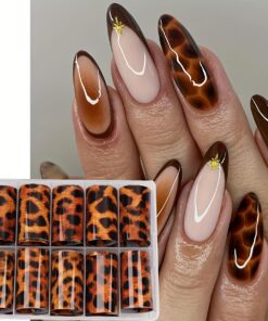 10 ملصقات أظافر بنقشة جلد الفهد والنمر - ورق ذاتي اللصق بنقشة حيوانات بني/أسود لامع، أنماط مقطوعة بدقة، سهل الاستخدام، مناسب لصالونات التجميل والمانيكير/باديكير، ملصقات فنية أظافر مؤقتة، مثالي للحفلات