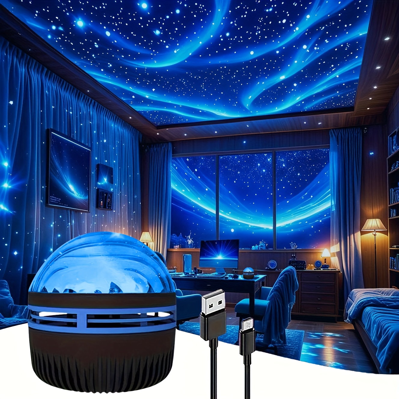 جهاز إضاءة بروجكتور، جهاز إضاءة LED بتقنية تأثير مجرة الغبار، يعمل بمنفذ USB مع جهاز تحكم عن بعد (لا يتطلب بطاريات) - مثالي لغرفة النوم بروجكتور مجرة وإضاءة ليلية