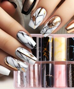 11 قطعة ملصقات نقل رقائق الأظافر بتصميم سماء مرصعة بالنجوم الخيالية - تتضمن 10 لفات من رقائق الأظافر + 1 عصا ضغط، ملصقات فنية للأظافر بتصميم ريترو من الرخام للعناية بالأظافر، إكسسوارات أظافر نسائية، لفة واحدة (4*50 سم/1.57*19.68 بوصة)