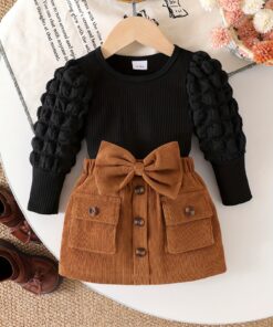 2 قطعة 'فستان دمية أسود وبني - فستان بأكمام فقاعية مزينة بفيونكة لطيفة مع تنورة على شكل حرف A وشورت متناسق بجيوب، ملابس الربيع/الخريف (قابل للغسل يدويًا)، مثالي للاستخدام الخارجي