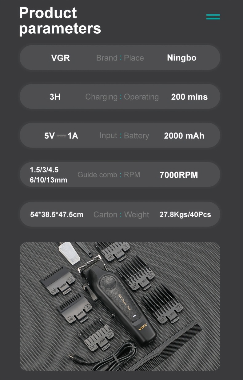 ماكينة حلاقة VGR الاحترافية للرجال، ماكينة تشذيب الشعر الكهربائية القابلة لإعادة الشحن عبر USB - مثالية لتصفيف اللحية والشوارب - الهدية المثالية للرجال