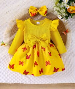 طقم فستان بناتي صفراء بطبعة فراشة قطعتين مع فيونكة وإكسسوار شعر - قماش ناعم مطاطي، كم قصير ورقبة دائرية، مثالي للربيع/الخريف، ملابس لعب كاجوال