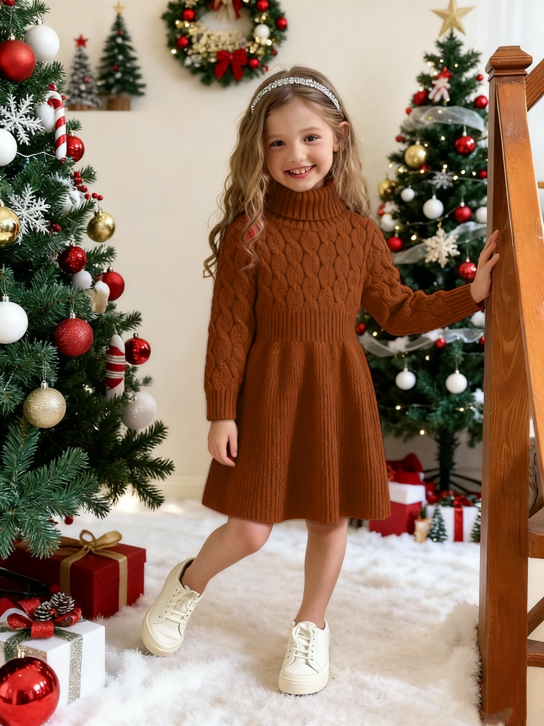 فستان بولو عالي الرقبة للبنات من عمر 2-7 سنوات، قماش محبوك ناعم للارتداء الداخلي/الخارجي، خريف/شتاء. مثالي لعيد الفصح، الكريسماس، والارتداء اليومي، أكمام منفوخة وكشكشة جذابة، قماش محبوك مريح، فستان طويل بأكمام منفوخة وخصر مشدود بتصميم جاكار مربع الرقبة، أسلوب خريف/شتاء، رقبة مستديرة حيوية وأنيقة مع