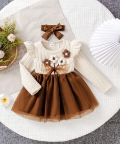 فستان بناتي شتوي خريفي محبوك بفيونكة زهور ثلاثية الأبعاد وحافة مكشكشة - بني فاتح ناعم وتنورة متعددة الطبقات، طقم حفلات كاجوال بأكمام طويلة ورقبة دائرية للخريف والشتاء