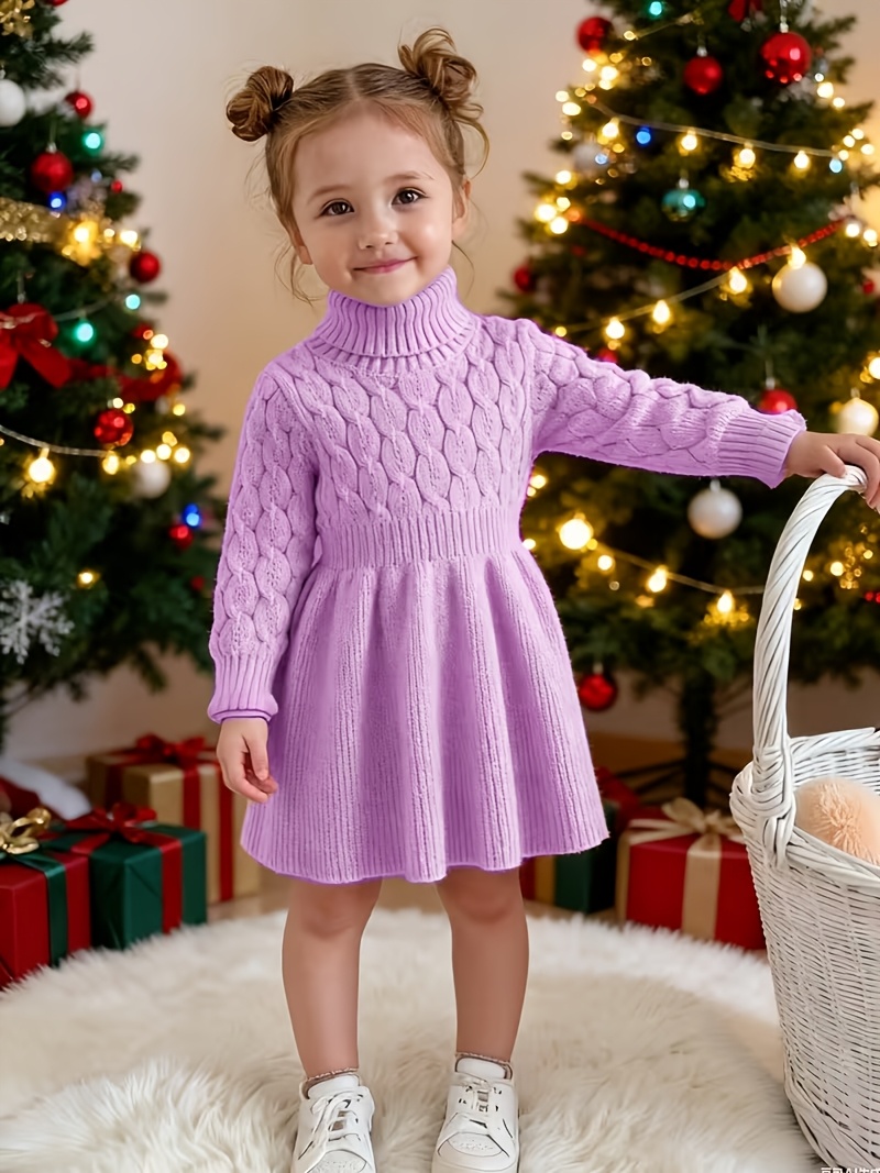 فستان بولو عالي الرقبة للبنات من عمر 2-7 سنوات، قماش محبوك ناعم للارتداء الداخلي/الخارجي، خريف/شتاء. مثالي لعيد الفصح، الكريسماس، والارتداء اليومي، أكمام منفوخة وكشكشة جذابة، قماش محبوك مريح، فستان طويل بأكمام منفوخة وخصر مشدود بتصميم جاكار مربع الرقبة، أسلوب خريف/شتاء، رقبة مستديرة حيوية وأنيقة مع