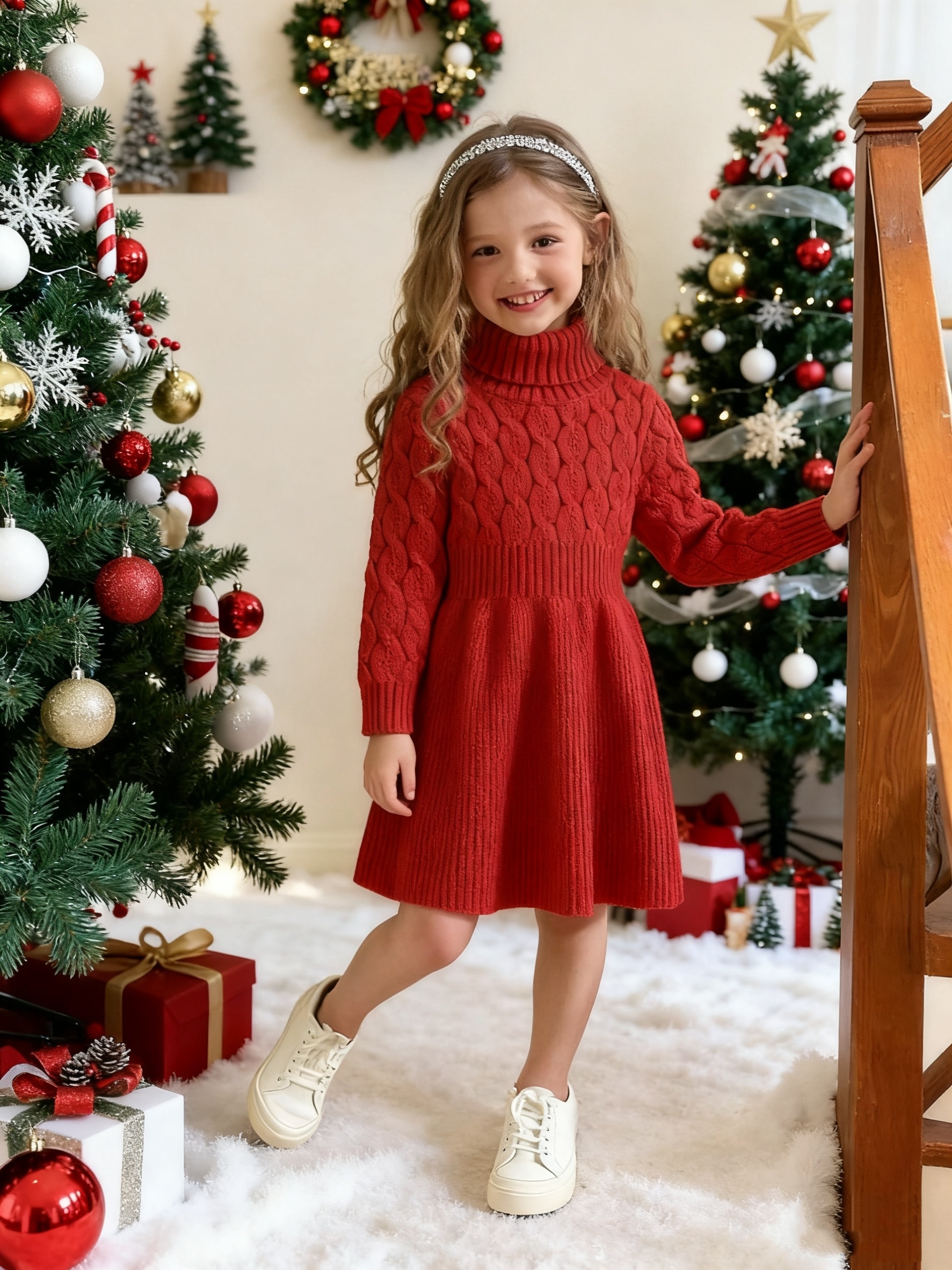 فستان بولو عالي الرقبة للبنات من عمر 2-7 سنوات، قماش محبوك ناعم للارتداء الداخلي/الخارجي، خريف/شتاء. مثالي لعيد الفصح، الكريسماس، والارتداء اليومي، أكمام منفوخة وكشكشة جذابة، قماش محبوك مريح، فستان طويل بأكمام منفوخة وخصر مشدود بتصميم جاكار مربع الرقبة، أسلوب خريف/شتاء، رقبة مستديرة حيوية وأنيقة مع