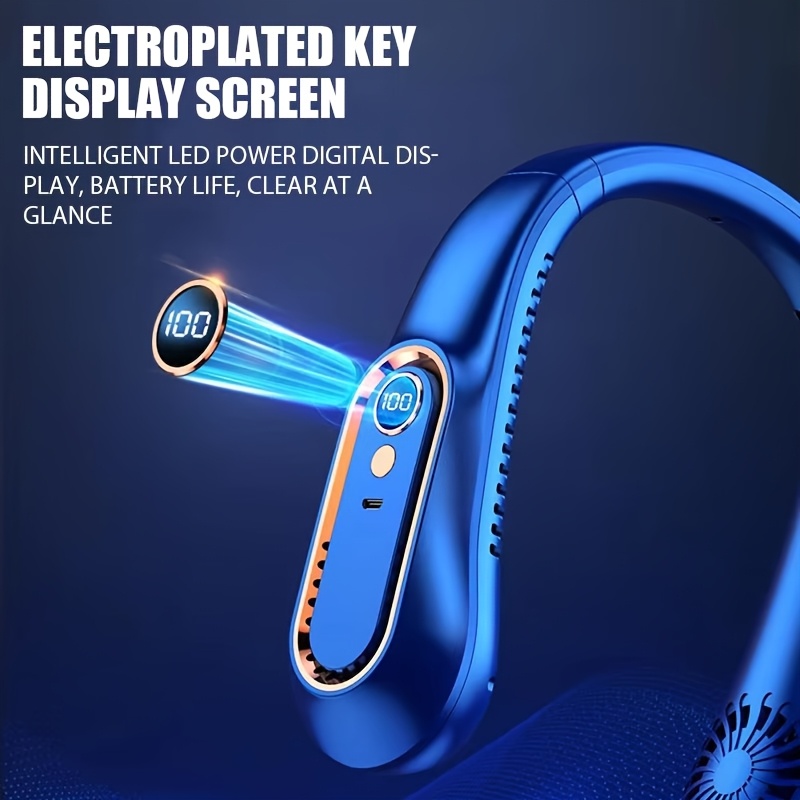 مروحة صغيرة محمولة ومتينة مع خمس إعدادات سرعة وخالية من شفرات المروحة عند الرقبة. توفر شحن USB ومناسبة للطلاب، الرياضة، والمكاتب، والتطبيقات الرقمية - الصورة 3