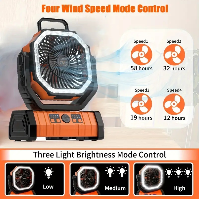 مروحة التخييم المحمولة USB قابلة لإعادة الشحن مع جهاز تحكم عن بعد، رأس دوار 360 درجة، سعة كبيرة، عمر بطارية طويل، إضاءة LED، وشحن الهاتف للاستخدام المنزلي والخارجي، مروحة محمولة قابلة لإعادة الشحن
