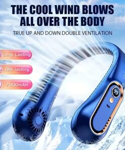 مروحة صغيرة محمولة ومتينة مع خمس إعدادات سرعة وخالية من شفرات المروحة عند الرقبة. توفر شحن USB ومناسبة للطلاب، الرياضة، والمكاتب، والتطبيقات الرقمية