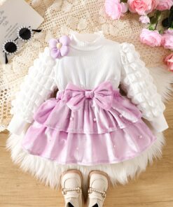 فستان طبقات 2 في 1 للبنات الرضع مع قميص بأكمام وسكيرت بتفاصيل لؤلؤ وربطة لافندر - زي حفلة أميرة وزفاف، فستان قابل للغسل في الغسالة للإناث (الربيع/الخريف)