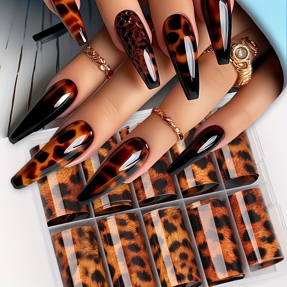 10 ملصقات أظافر بنقشة جلد الفهد والنمر - ورق ذاتي اللصق بنقشة حيوانات بني/أسود لامع، أنماط مقطوعة بدقة، سهل الاستخدام، مناسب لصالونات التجميل والمانيكير/باديكير، ملصقات فنية أظافر مؤقتة، مثالي للحفلات