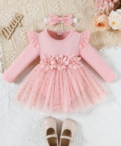 2 قطعة من طقم فسات لطيف ولطيف للفتيات: رقبة دائرية بأكمام طائرة وأكمام طويلة مزينة بالزهور وربطة عند الخصر مع شبكة منقطة وفساتين بلون صلب + ربطة رأس على شكل قوس - قماش قابل للتمديد قليلاً، قابل للغسل في الغسالة، مثالي للحفلات/ملابس عادية