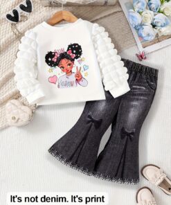 مناسب لفصل الخريف - للفتيات من عمر 0 إلى 3 سنوات - هودي بأكمام طويلة وياقة مستديرة + بنطلون واسع مطبوع عليه نمط جينز صناعي مع قوس - طقم مريحة ودافئة وأنيقة للأطفال - 2 قطعة - مثالية للحفلات والمناسبات الخارجية - هدية مثالية