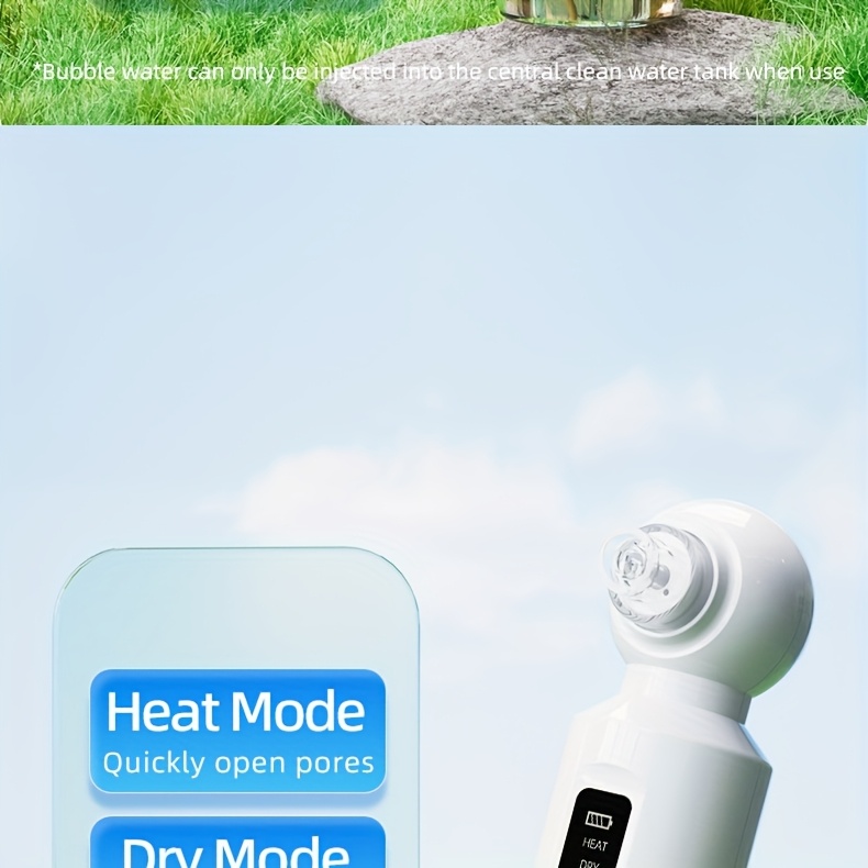 منظف الرؤوس السوداء 6 رؤوس، منظف المسام الكهربائي بالشفط، جهاز تجميل صغير بالفقاعات مع شحن USB، لتفعيل وضع التسخين، اضغط مع الاستمرار على زر الطاقة لمدة 3 ثوانٍ. يحافظ تلقائيًا على درجة حرارة ثابتة 46°C