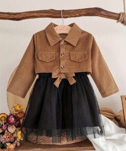 2 قطعة مجموعة فساتين بنات - سترة بلون سادة مع فستان شبكي بأشرطة وشمسية لحفلات أعياد الميلاد والزفاف، ملابس تصوير، بلوزة طويلة الأكمام للبنات (قابلة للغسل اليدوي)، مثالية للاستخدام الخارجي