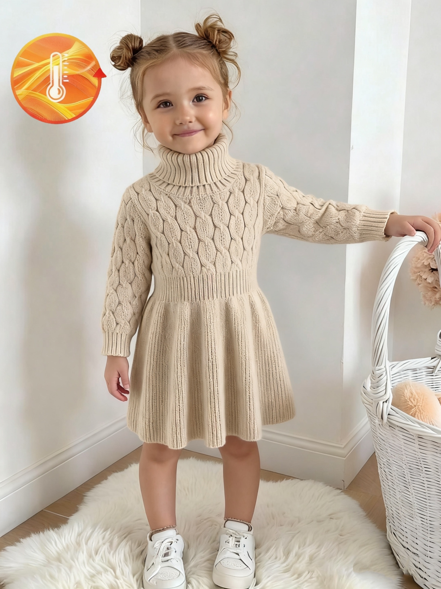 فستان بولو عالي الرقبة للبنات من عمر 2-7 سنوات، قماش محبوك ناعم للارتداء الداخلي/الخارجي، خريف/شتاء. مثالي لعيد الفصح، الكريسماس، والارتداء اليومي، أكمام منفوخة وكشكشة جذابة، قماش محبوك مريح، فستان طويل بأكمام منفوخة وخصر مشدود بتصميم جاكار مربع الرقبة، أسلوب خريف/شتاء، رقبة مستديرة حيوية وأنيقة مع