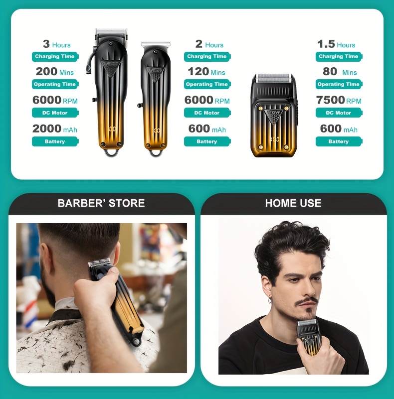 VGR V-644 ماكينة تشذيب اللحية اللاسلكية الاحترافية للرجال ومكشطة كهربائية قابلة لإعادة الشحن 3 قطع مجموعة قص شعر الحلاق مع شاشة LED مجموعة العناية بالرجال هدية مثالية للرجال.