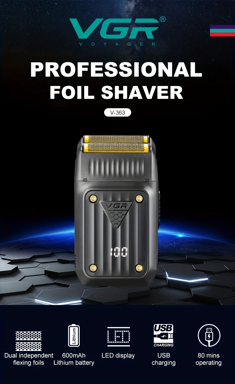 ماكينة حلاقة الفولاذ المعدني الكهربائية اللاسلكية الاحترافية VGR V-363 للرجال - ماكينة حلاقة محمولة قابلة لإعادة الشحن عبر USB مع نظام 3 شفرات، تصميم مريح وبطارية ليثيوم، هدية عيد الحب له، أداة العناية الذكورية، أداة العناية الأنيقة، هيكل متين، ماكي