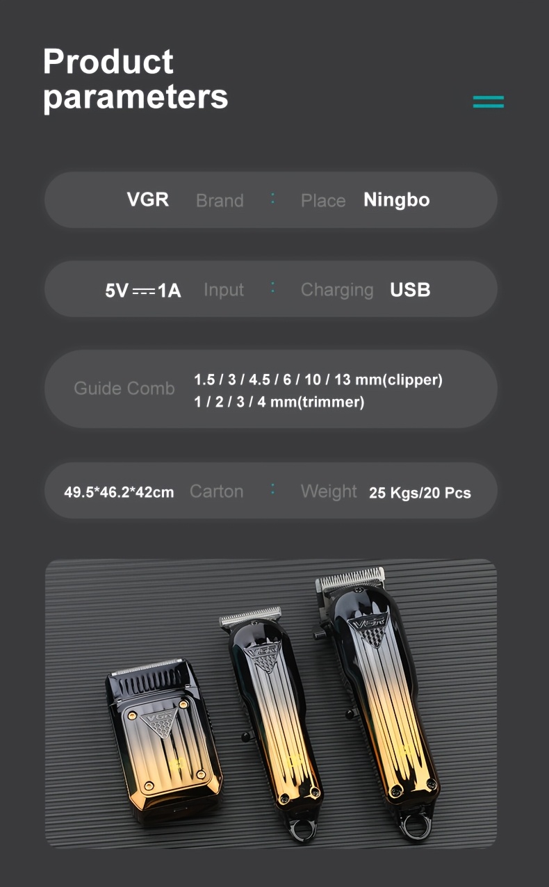 VGR V-644 ماكينة تشذيب اللحية اللاسلكية الاحترافية للرجال ومكشطة كهربائية قابلة لإعادة الشحن 3 قطع مجموعة قص شعر الحلاق مع شاشة LED مجموعة العناية بالرجال هدية مثالية للرجال.