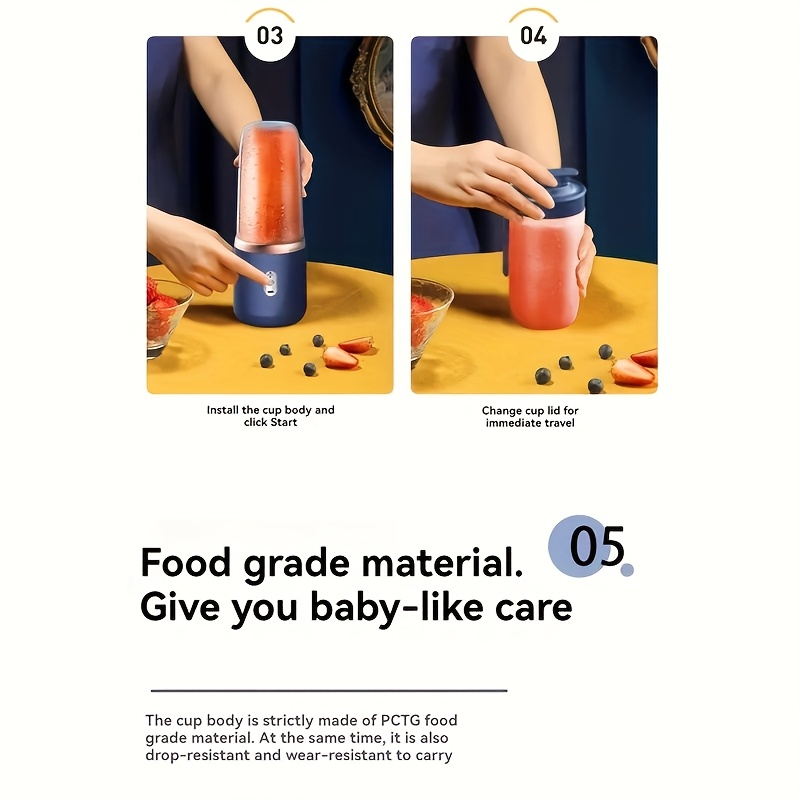 1 قطعة عصارة محمولة ومحضر عصائر بمنفذ USB مع 2 كوب (عصير وسموثي) - محرك عالي السرعة 21000 دورة في الدقيقة، نظام 6 شفرات، تشغيل بلمسة واحدة لعصائر منزلية طازجة وسموثي، مثالي للسفر والمنزل - هدية مثالية لعيد الميلاد والسفر