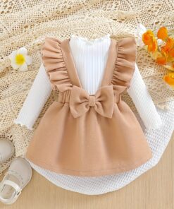 طقم فستان شتوي للبنات - فستان سويشير لطيف مع ياقة دانتيل وربطة، تي شيرت بأكمام طويلة وتنورة بحمالات، زي بتفاصيل كشكشة (للعودة إلى المدرسة، جلسات تصوير، حفلات) - غسيل يدوي/تنظيف جاف (هدية مثالية، مثالي للخارج)