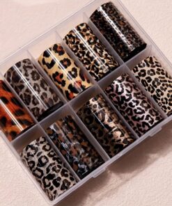 10 لفات/صندوق من ملصقات ورق نقل الأظافر بطبعة الفهد وطبعة الثعبان وزخارف ورق نقل الأظافر بالليزر ونجوم السماء وإكسسوارات فن الأظافر للنساء وزخارف فن الأظافر