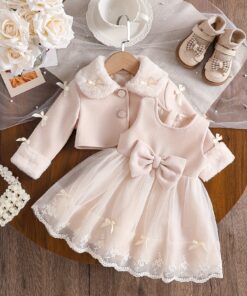 طقم فستان أميرة أنيق للفتيات الصغيرات - دانتيل وردي ناعم وحافة مكشكشة، فستان طويل بأكمام طويلة بقصة واسعة مع تفاصيل فيونكة، مثالي لأعياد الميلاد، الأول، للخروج، زي عيد الميلاد الأول، للفتيات الصغيرات